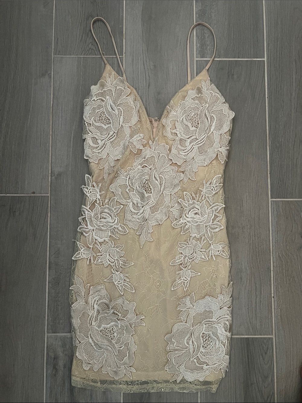 Lace Appliqué Spaghetti Strap Dress in Nude